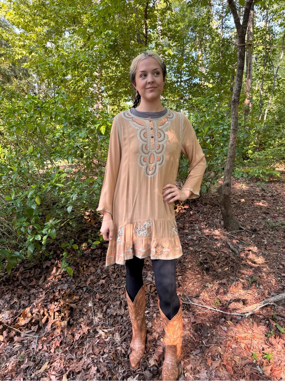 Embroidered Peach Long-Sleeve Tunic Top